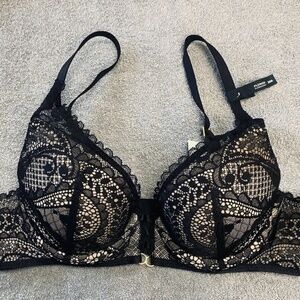 NWT Aerie Real Power Plunge Push Up Paisley Lace Bra - True Black - 34A